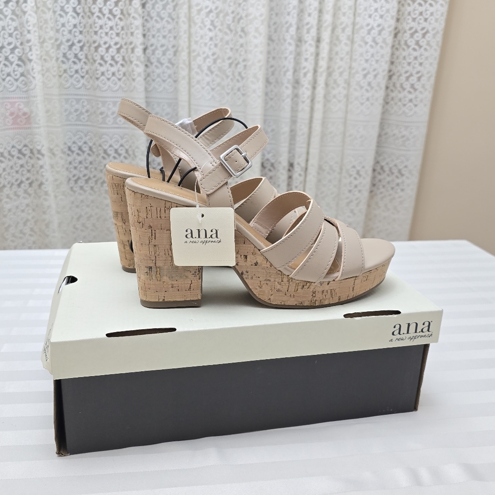 New Ana Cork Platform Block Heel Sandals Nude 9.5 Ankle Buckle Strap Boho Shoes